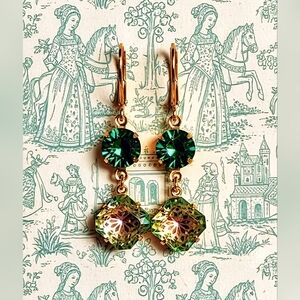Gorgeous Green AB And Mosaic Flower Crystal Earrings In 18K Gold Plated